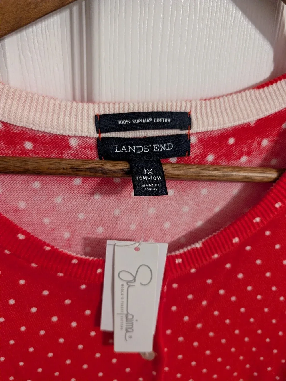 New Lands End Womens Sweater Cardigan Red White Dots Supima Cotton Plus Size 1X